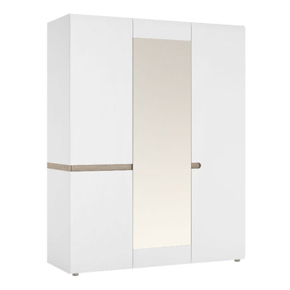 Chelsea Triple Wardrobe w/ Mirror in White & Truffle Oak Trim - White Tree Furniture