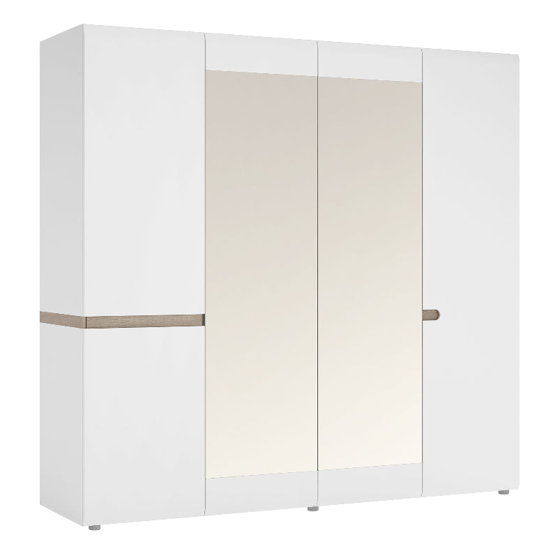 Chelsea 4 Door Wardrobe w/ Mirror in White & Truffle Oak Trim - White Tree Furniture