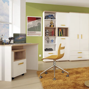 4KIDS White & Oak Tall Narrow Bookcase with 2 Drawers - White Tree Furniture