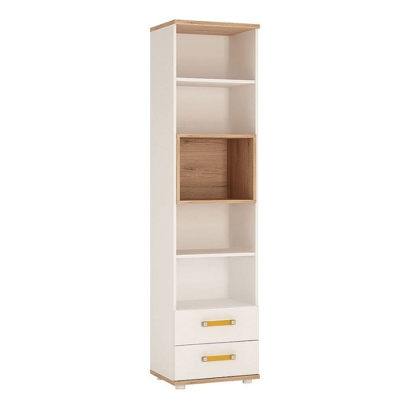 4KIDS White & Oak Tall Narrow Bookcase with 2 Drawers - White Tree Furniture