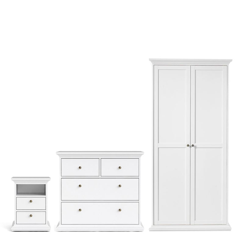 PARIS WHITE SET - Bedside + Drawer Chest + Double Wardrobe - White Tree Furniture