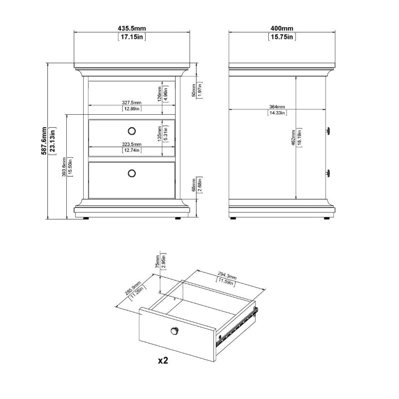 PARIS WHITE SET - Bedside + Drawer Chest + Double Wardrobe - White Tree Furniture