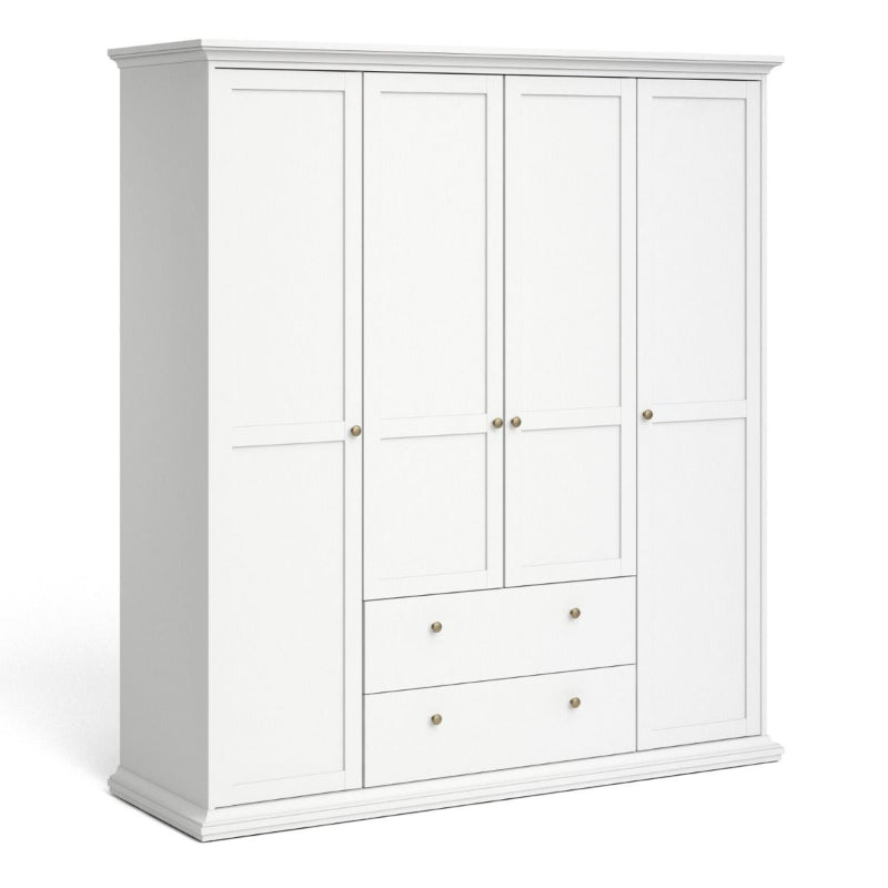 Paris White Wardrobe w/ 4 Doors & 2 Drawers - White Tree Furniture