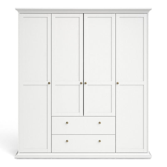 Paris White Wardrobe w/ 4 Doors & 2 Drawers - White Tree Furniture