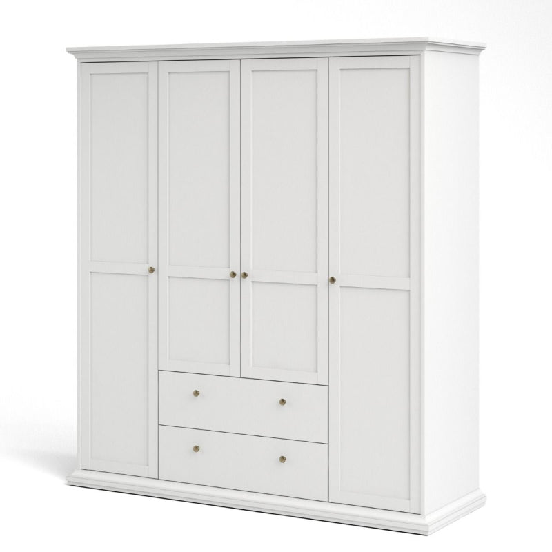 Paris White Wardrobe w/ 4 Doors & 2 Drawers - White Tree Furniture