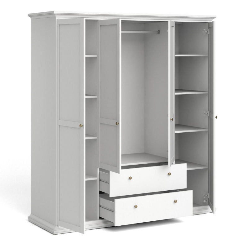 Paris White Wardrobe w/ 4 Doors & 2 Drawers - White Tree Furniture