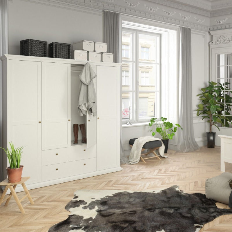 Paris White Wardrobe w/ 4 Doors & 2 Drawers - White Tree Furniture