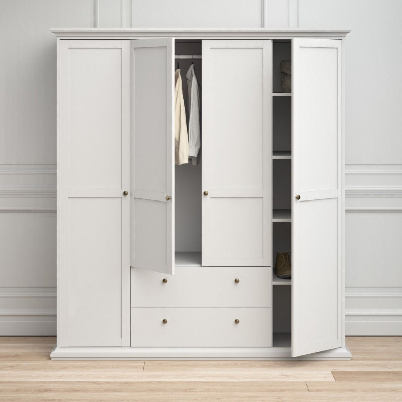 Paris White Wardrobe w/ 4 Doors & 2 Drawers - White Tree Furniture