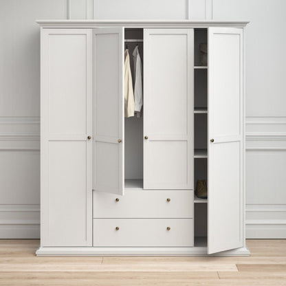 Paris White Wardrobe w/ 4 Doors & 2 Drawers - White Tree Furniture