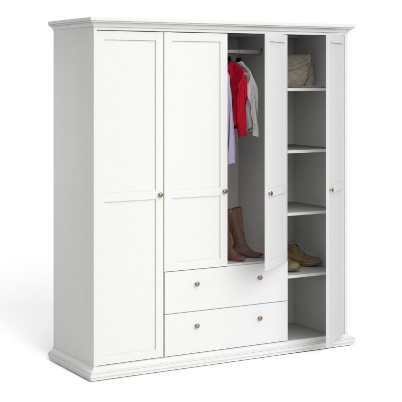 Paris White Wardrobe w/ 4 Doors & 2 Drawers - White Tree Furniture