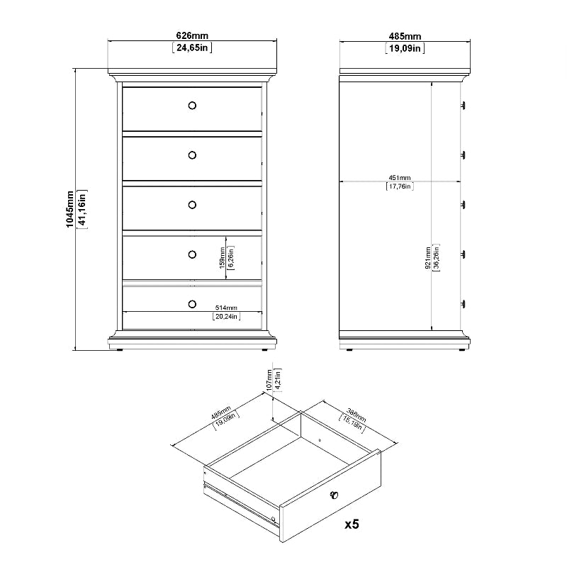 Paris White Narrow Chest of 5 Drawers - White Tree Furniture