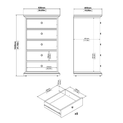 Paris White Narrow Chest of 5 Drawers - White Tree Furniture