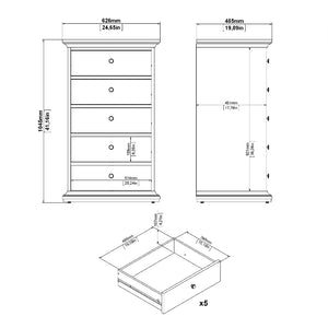 Paris White Narrow Chest of 5 Drawers - White Tree Furniture