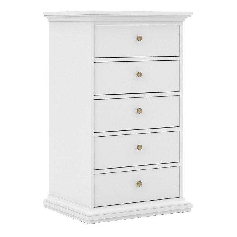 Paris White Narrow Chest of 5 Drawers - White Tree Furniture