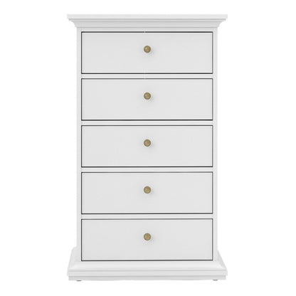 Paris White Narrow Chest of 5 Drawers - White Tree Furniture