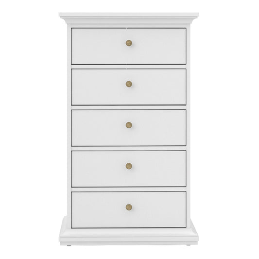 Paris White Narrow Chest of 5 Drawers - White Tree Furniture