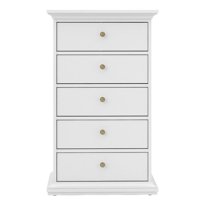 Paris White Narrow Chest of 5 Drawers - White Tree Furniture