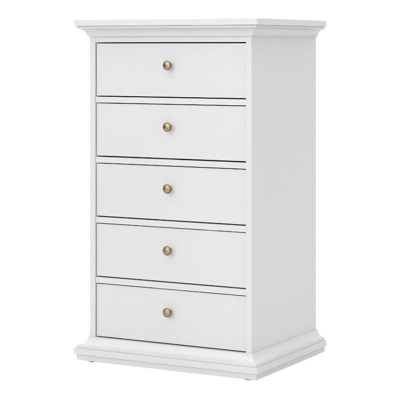 Paris White Narrow Chest of 5 Drawers - White Tree Furniture