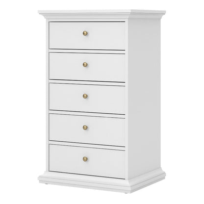 Paris White Narrow Chest of 5 Drawers - White Tree Furniture