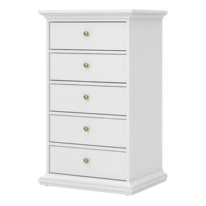 Paris White Narrow Chest of 5 Drawers - White Tree Furniture