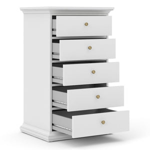 Paris White Narrow Chest of 5 Drawers - White Tree Furniture