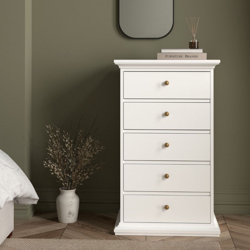 Paris White Narrow Chest of 5 Drawers - White Tree Furniture