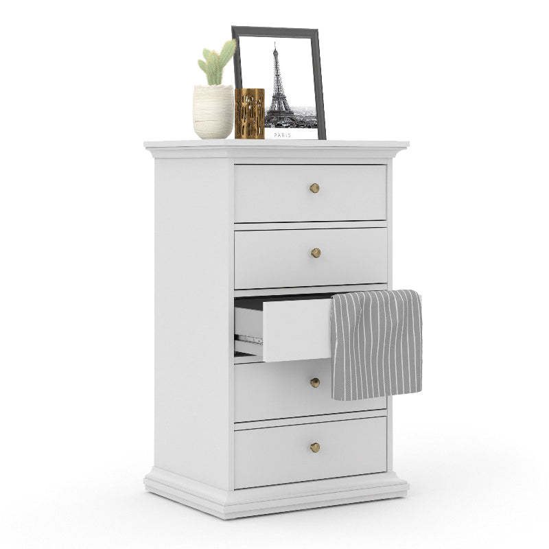 Paris White Narrow Chest of 5 Drawers - White Tree Furniture