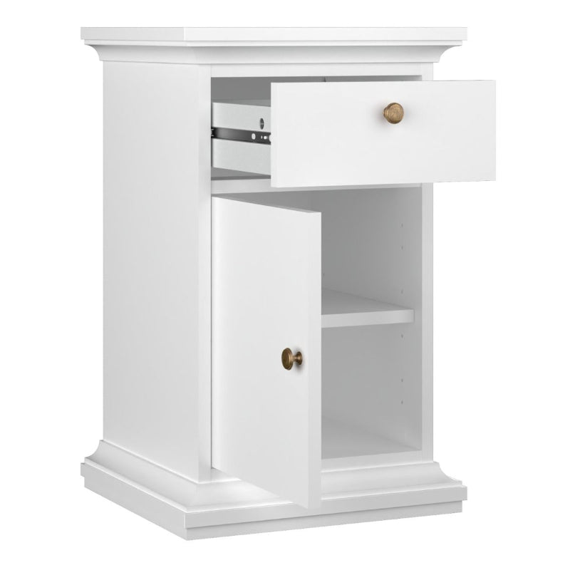 Paris White Bedside Table w/ 1 Door & 1 Drawer - White Tree Furniture