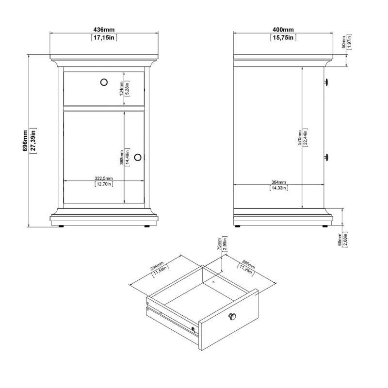 Paris White Bedside Table w/ 1 Door & 1 Drawer - White Tree Furniture