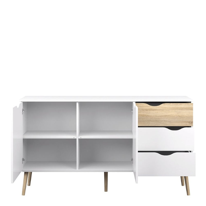 Oslo White & Oak Large Sideboard w/ 3 Drawers & 2 Doors - White Tree Furniture