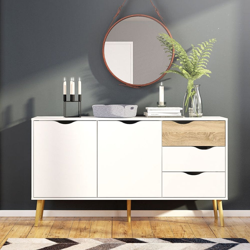 Oslo White & Oak Large Sideboard w/ 3 Drawers & 2 Doors - White Tree Furniture