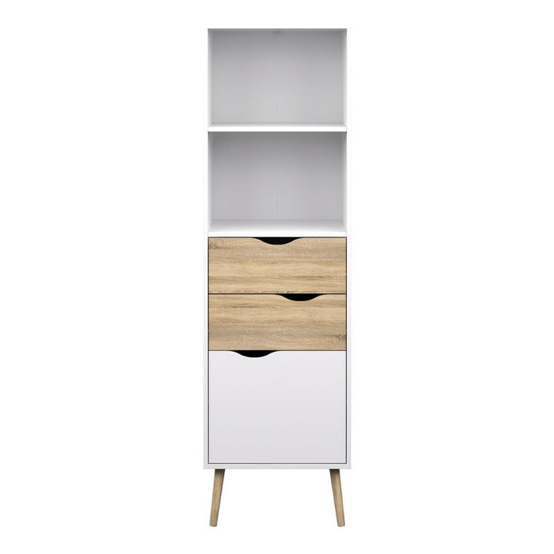 Oslo White & Oak Bookcase w/ 2 Drawers & 1 Door - White Tree Furniture