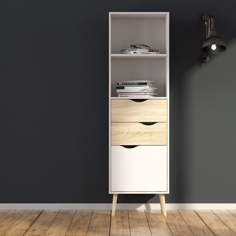 Oslo White & Oak Bookcase w/ 2 Drawers & 1 Door - White Tree Furniture