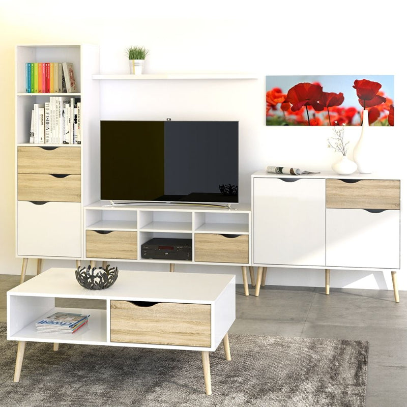 Oslo White & Oak Bookcase w/ 2 Drawers & 1 Door - White Tree Furniture