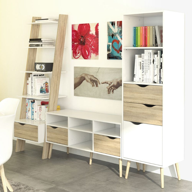 Oslo White & Oak Bookcase w/ 2 Drawers & 1 Door - White Tree Furniture