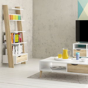 Oslo White & Oak Leaning Bookcase w/ 1 Drawer - White Tree Furniture