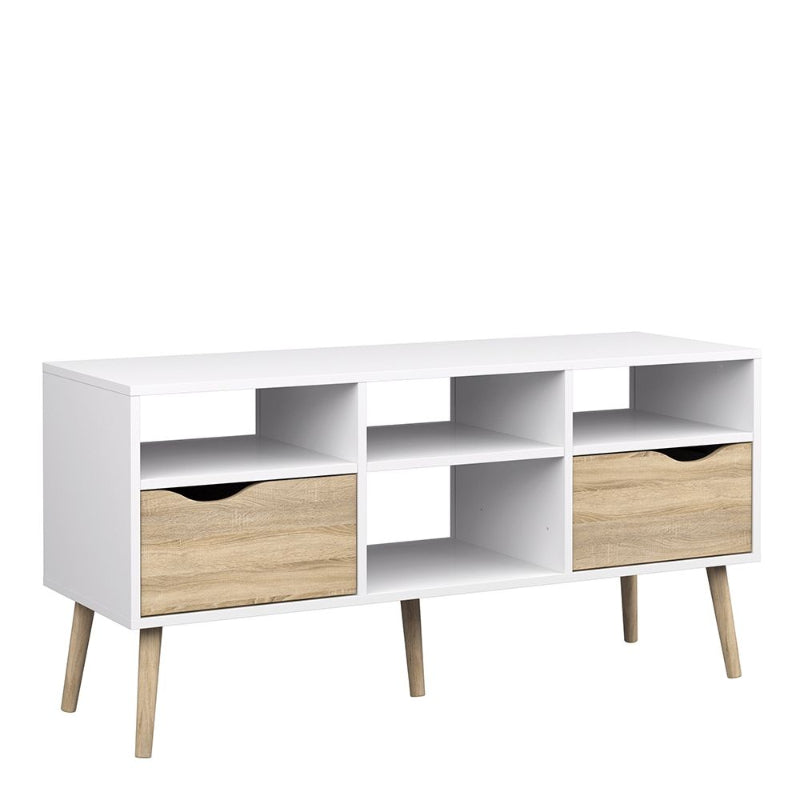 Oslo White & Oak Wide TV Unit w/ 2 Drawers & 4 Shelves - White Tree Furniture