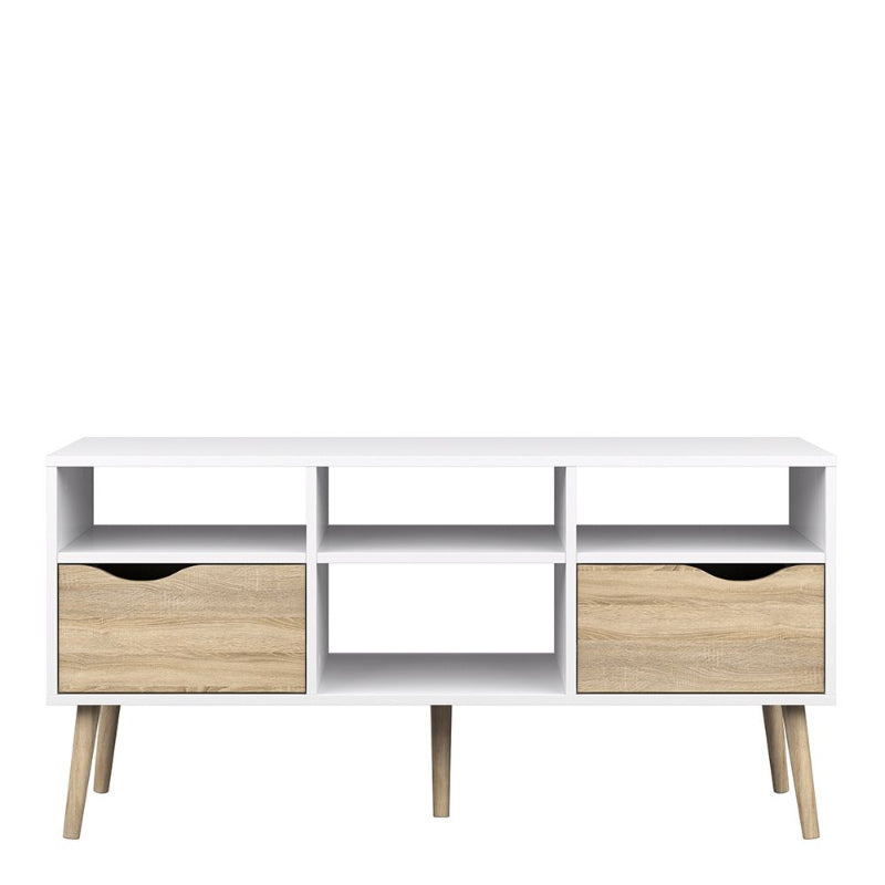 Oslo White & Oak Wide TV Unit w/ 2 Drawers & 4 Shelves - White Tree Furniture