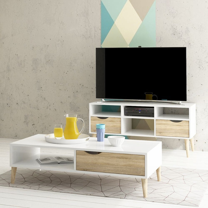 Oslo White & Oak Wide TV Unit w/ 2 Drawers & 4 Shelves - White Tree Furniture