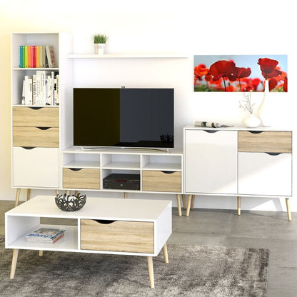 Oslo White & Oak Wide TV Unit w/ 2 Drawers & 4 Shelves - White Tree Furniture