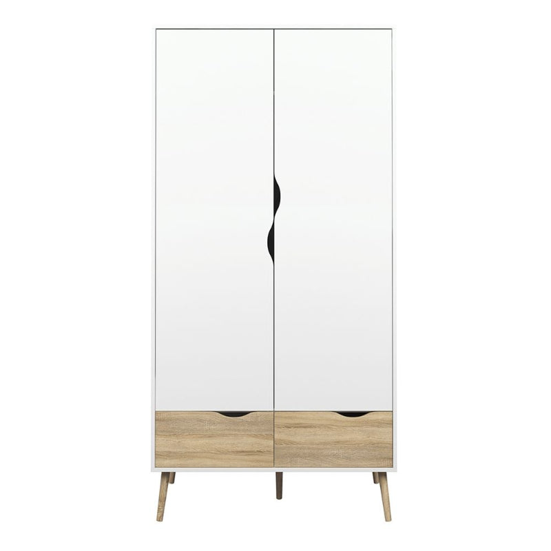 Oslo White & Oak Wardrobe w/ 2 Doors & 2 Drawers - White Tree Furniture