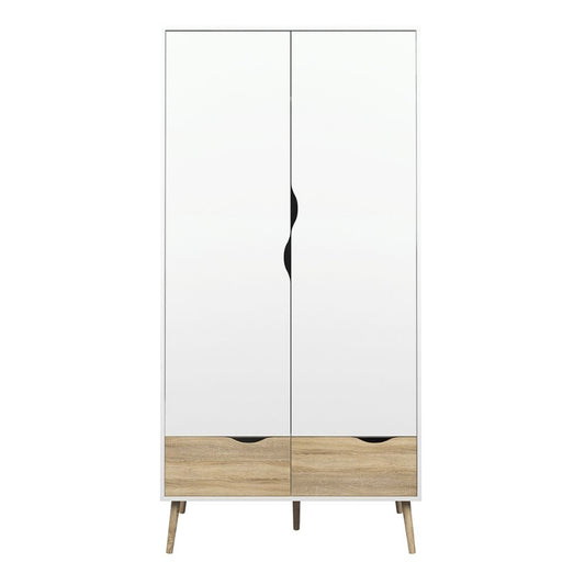 Oslo White & Oak Wardrobe w/ 2 Doors & 2 Drawers - White Tree Furniture