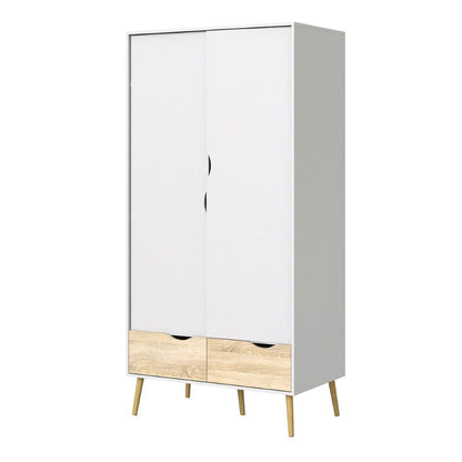 Oslo White & Oak Wardrobe w/ 2 Doors & 2 Drawers - White Tree Furniture