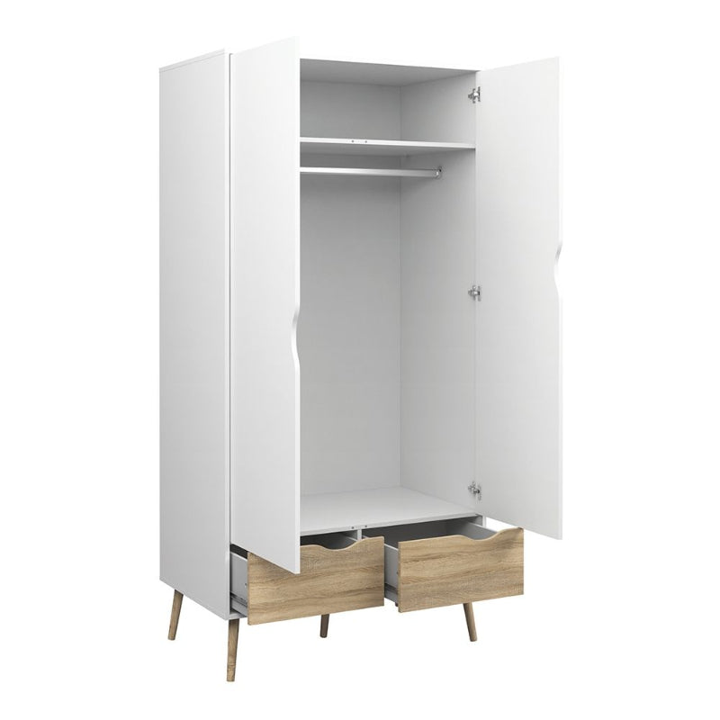 Oslo White & Oak Wardrobe w/ 2 Doors & 2 Drawers - White Tree Furniture