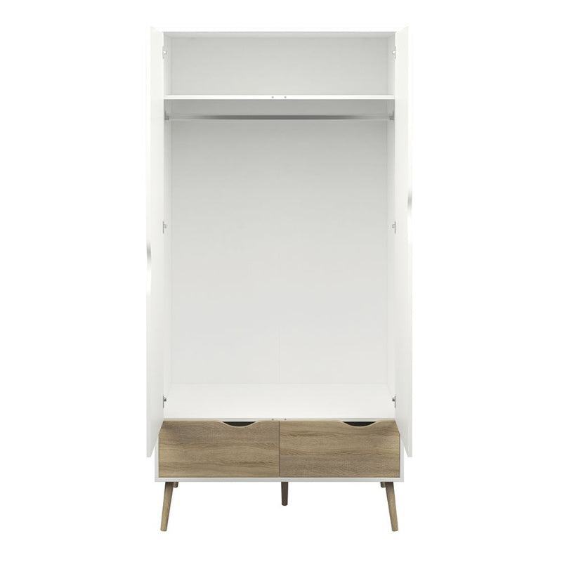 Oslo White & Oak Wardrobe w/ 2 Doors & 2 Drawers - White Tree Furniture