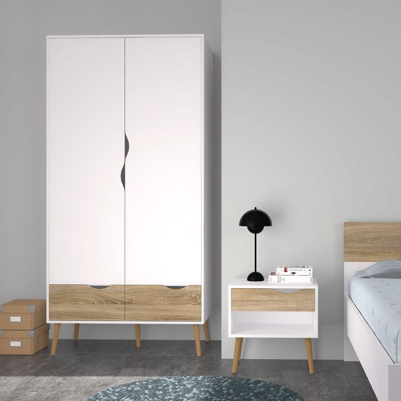 Oslo White & Oak Wardrobe w/ 2 Doors & 2 Drawers - White Tree Furniture