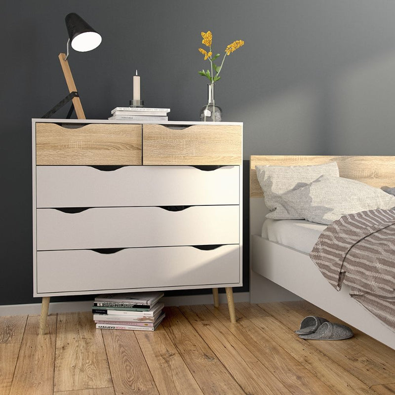 Oslo Chest of 5 Drawers in White & Oak - White Tree Furniture