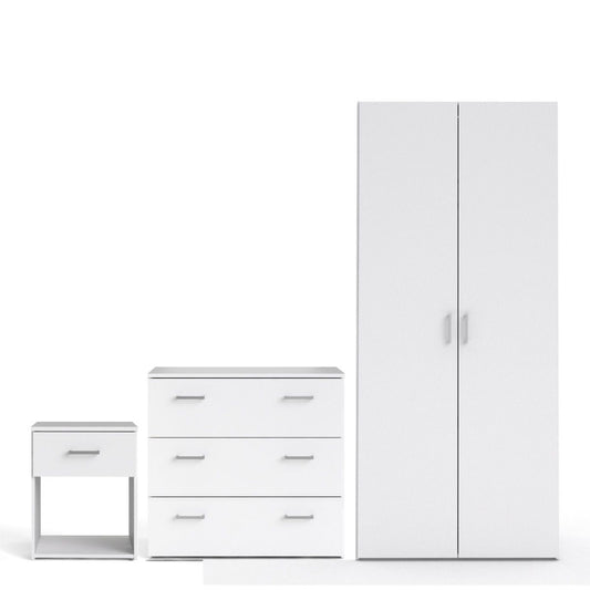 SPACE WHITE SET - Bedside + Drawer Chest + Double Wardrobe - White Tree Furniture