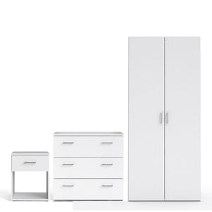 SPACE WHITE SET - Bedside + Drawer Chest + Double Wardrobe - White Tree Furniture