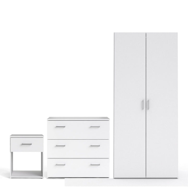 SPACE WHITE SET - Bedside + Drawer Chest + Double Wardrobe - White Tree Furniture